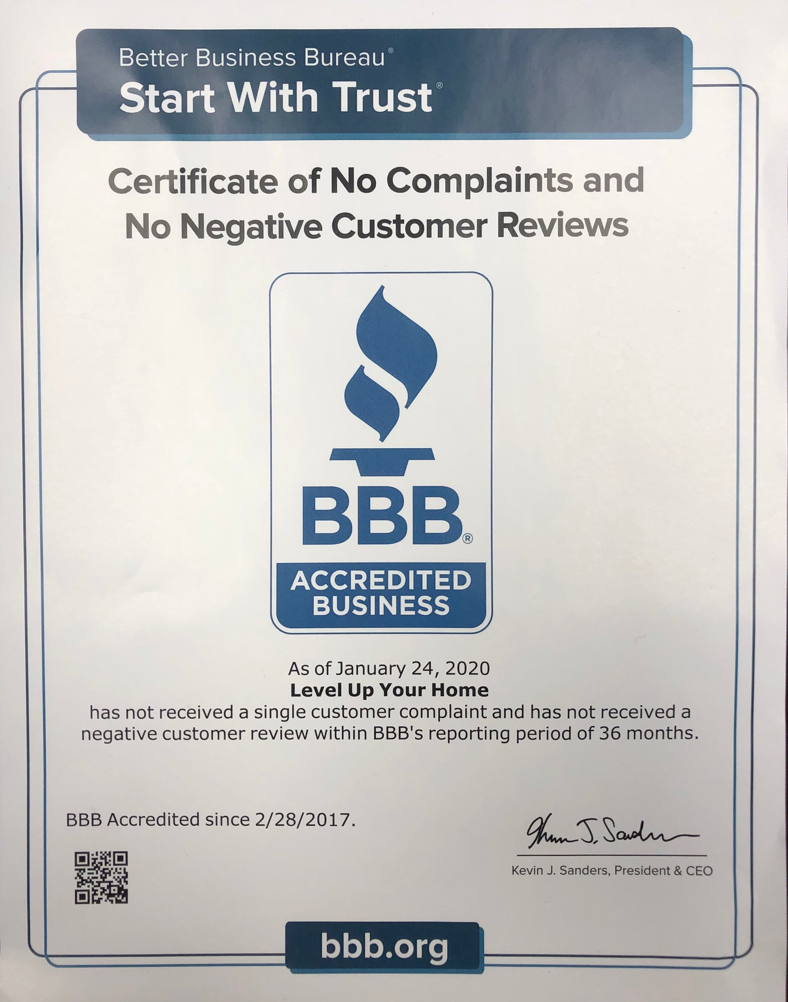 Better Business Bureau announces A+ rating for Level Up